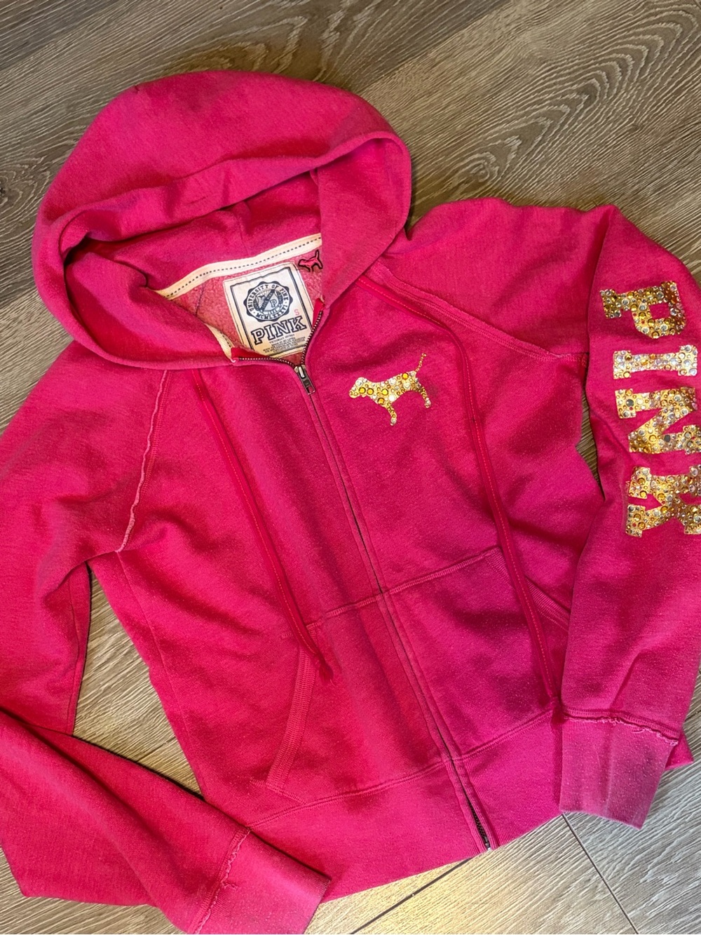 Y2K PINK Victoria's Secret Hot Pink Studded Peace Sign Logo Hoodie
